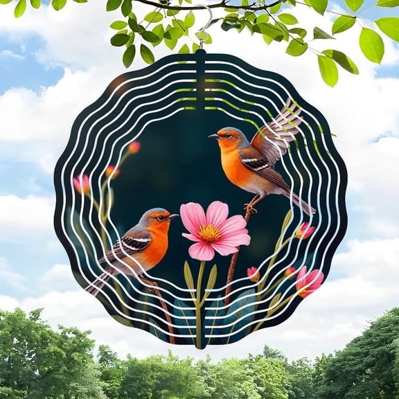 3D Metal Hanging Wind Spinners - Concentric Wave Pattern with Birds & Vibrant Floral Design for Yard & Garden Decor