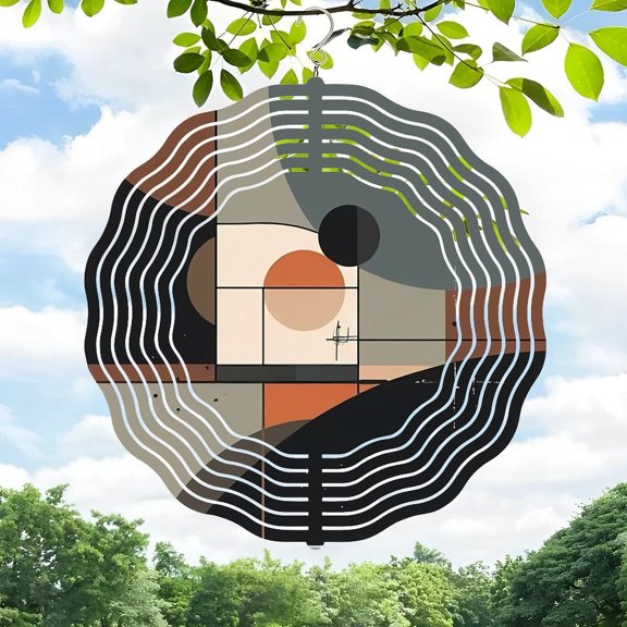 3D Metal Hanging Wind Spinners - Concentric Wave Patterns with Earthy Rectangles & Circles - Unique Yard & Garden Decor