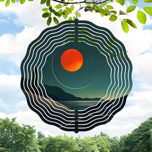 3D Metal Hanging Wind Spinners - Concentric Wave Patterns with Red Moon Design - Serene Yard & Garden Decor