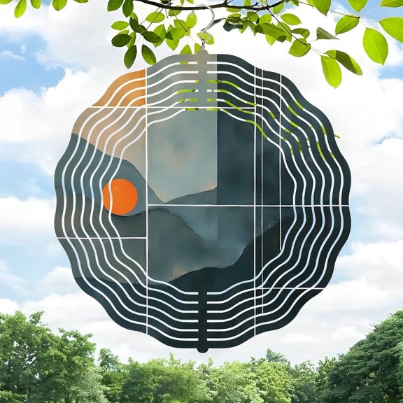 3D Metal Hanging Wind Spinners - Concentric Wave Patterns with Sun & Landscape Design for Yard & Garden Decor
