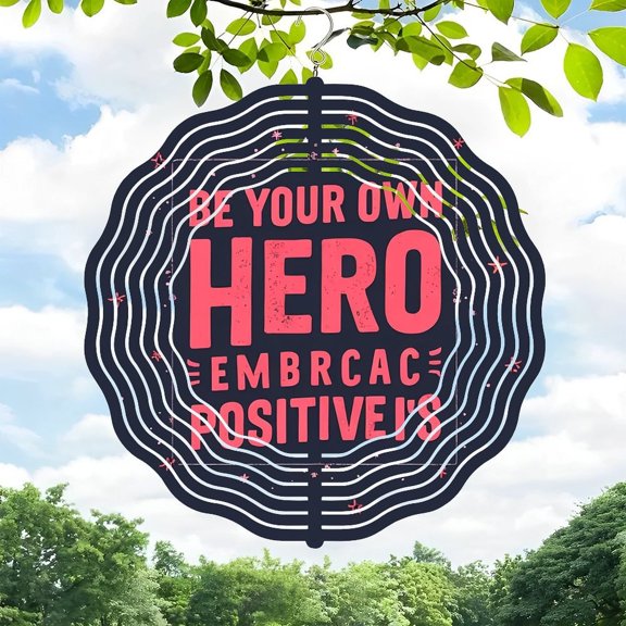 3D Metal Hanging Wind Spinners - Concentric Waves Design in Dark Blue with Bold Pink " Be Your Own Hero " Text - Perfect for Yard and Garden Decor