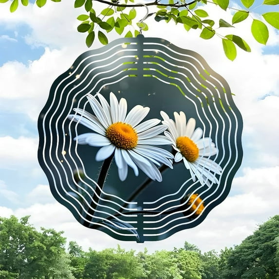 3D Metal Hanging Wind Spinners with Concentric Wavy Lines Design - Elegant Wind Chimes for Yard and Garden Decor Featuring Daisies and Blue Sky Background
