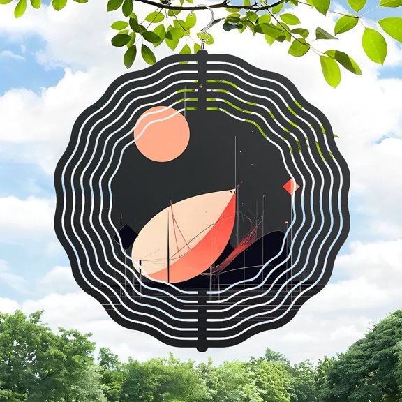 3D Metal Hanging Wind Spinners - Concentric Wavy Lines & Stylized Sailboat Design for Yard & Garden Decor - Unique Wind Chimes with Geometric Shapes Leaves Landscape