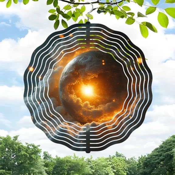 3D Metal Hanging Wind Spinners - Cosmic Wireframe Design with Glowing Planet & Swirling Clouds - Unique Yard & Garden Decor