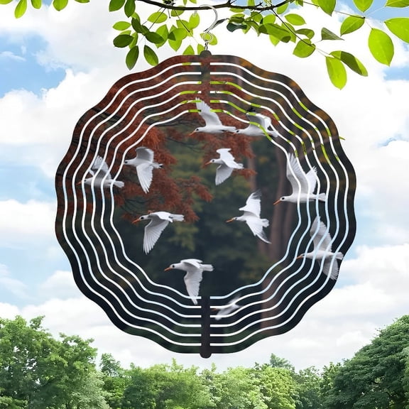 3D Metal Hanging Wind Spinners - Decorative Circular Design with Concentric Rings & White Birds in - Perfect for Yard & Garden Decor - Serene Outdoor Art