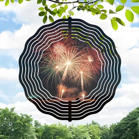 3D Metal Hanging Wind Spinners - Decorative Circular Design with Concentric Wavy Patterns for Yard and Garden - Vibrant Colorful Display with Fireworks Effect