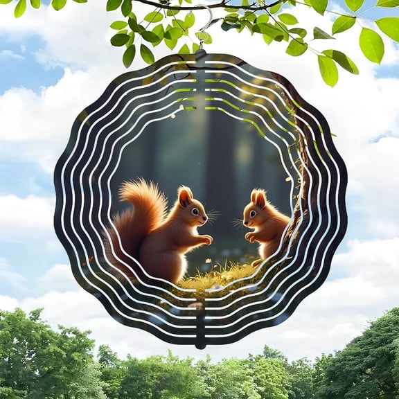 3D Metal Hanging Wind Spinners - Decorative Circular Design with Concentric Rings & Nature-Inspired Squirrel Scene for Yard & Garden