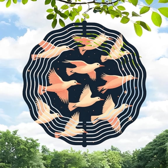 3D Metal Hanging Wind Spinners - Decorative Circular Design with Wave Patterns & Stylized Birds in - Perfect for Yard & Garden Decor
