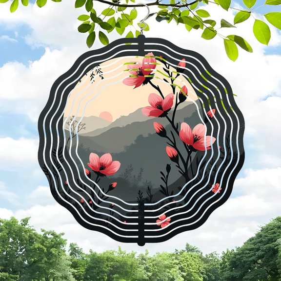 3D Metal Hanging Wind Spinners - Decorative Circular Design with Wavy Black Border Scenic Landscape Pink Flowering Tree Greenery for Yard & Garden