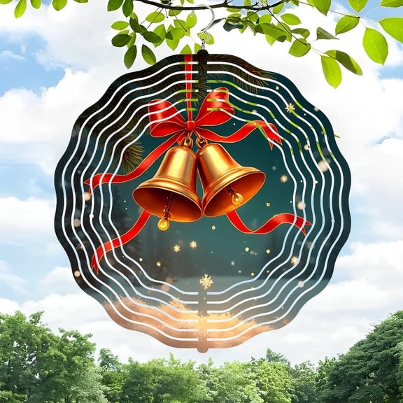 3D Metal Hanging Wind Spinners - Decorative Garden Wind Chimes with Concentric Wavy Lines & Golden Bells - Festive Outdoor Ornament for Yard Decor