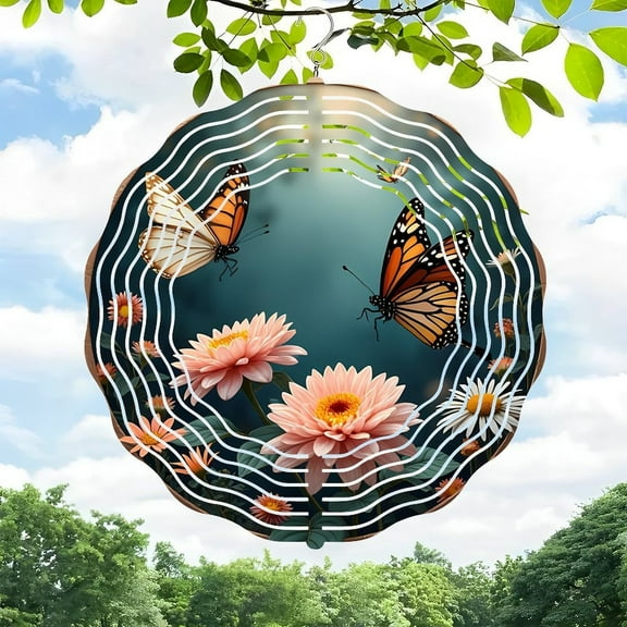 3D Metal Hanging Wind Spinners - Decorative Plate Design with Concentric Wavy Lines Butterflies & Pink Flowers for Yard and Garden