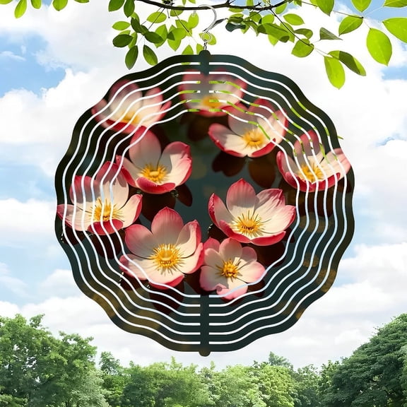 3D Metal Hanging Wind Spinners - Decorative Plate Design with Concentric Wavy Lines & Pink Flowers - Perfect for Yard & Garden Decor