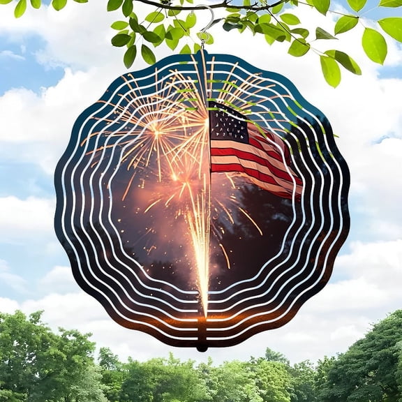 3D Metal Hanging Wind Spinners - Decorative Plate Design with Wave-Like Pattern & Fireworks Effect for Yard and Garden