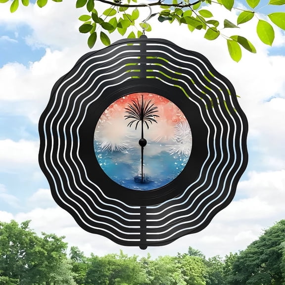 3D Metal Hanging Wind Spinners - Decorative Sound Wave Design with Palm Tree Island Scene - Unique Wind Chimes for Yard and Garden Decor
