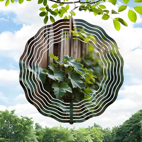 3D Metal Hanging Wind Spinners - Elegant Circular Design with Wooden Fence Green Leaves - Perfect Wind Chimes for Yard & Garden Decor