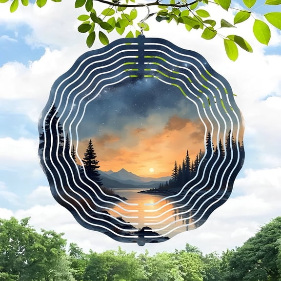 3D Metal Hanging Wind Spinners - Elegant Pine Tree & Sunset Design Wind Chimes for Yard & Garden Decor