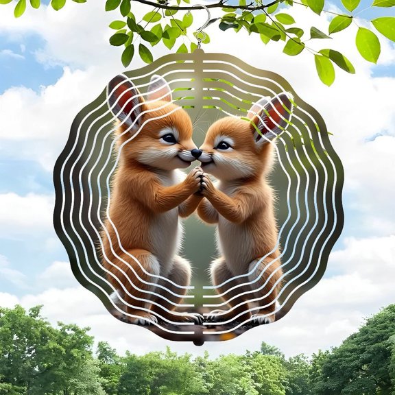 3D Metal Hanging Wind Spinners - Fox - Like Creatures Embracing in Harmony Circular Sound Wave Design for Yard & Garden Decor