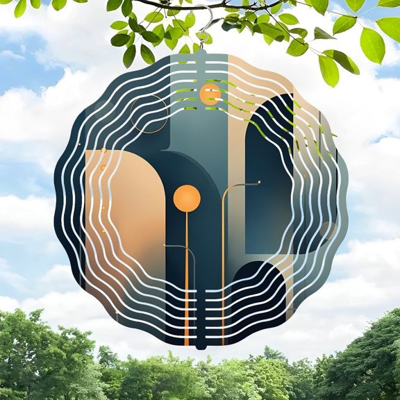 3D Metal Hanging Wind Spinners - Geometric Design with Sun Symbol Wavy Lines Perfect for Yard & Garden Decor