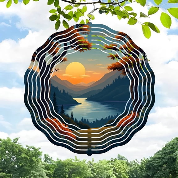 3D Metal Hanging Wind Spinners - Mesmerizing Concentric Circle Design for Yard & Garden - Beautiful Autumn Landscape Wind Chimes
