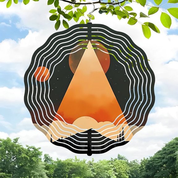 3D Metal Hanging Wind Spinners - Mounta Design with Concentric Waves Starry Sky & Moon - Unique Yard & Garden Wind Chimes