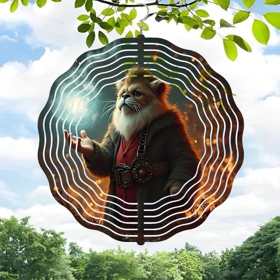 3D Metal Hanging Wind Spinners - Mystical Lion Design with Fiery Circular Pattern - Enchanting Wind Chimes for Yard and Garden Decor