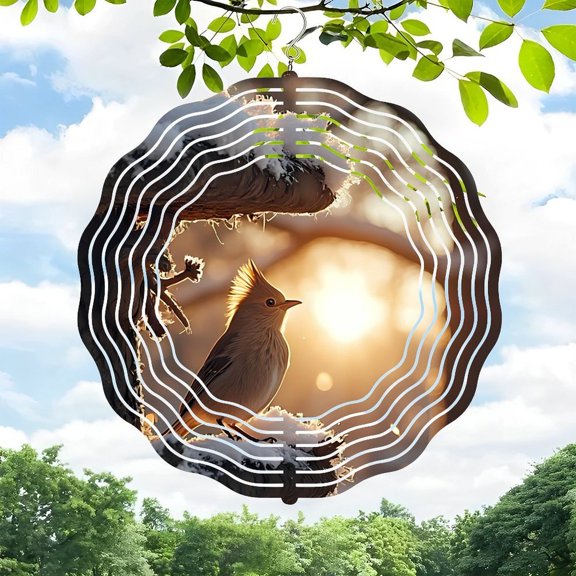 3D Metal Hanging Wind Spinners - Nature-Inspired Design with Tree Trunk Rings & Bird Motif for Yard & Garden Decor