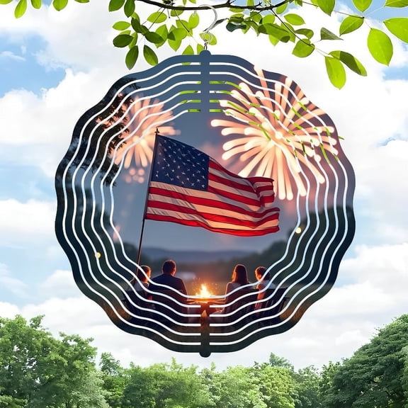 3D Metal Hanging Wind Spinners - Patriotic American Flag Design with Fireworks & Campfire Silhouettes for Yard and Garden Decor