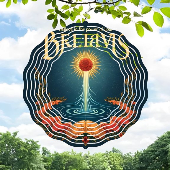 3D Metal Hanging Wind Spinners - Radiant Sun Design with Concentric Circles Serene Trees & Water Perfect for Yard & Garden Decor