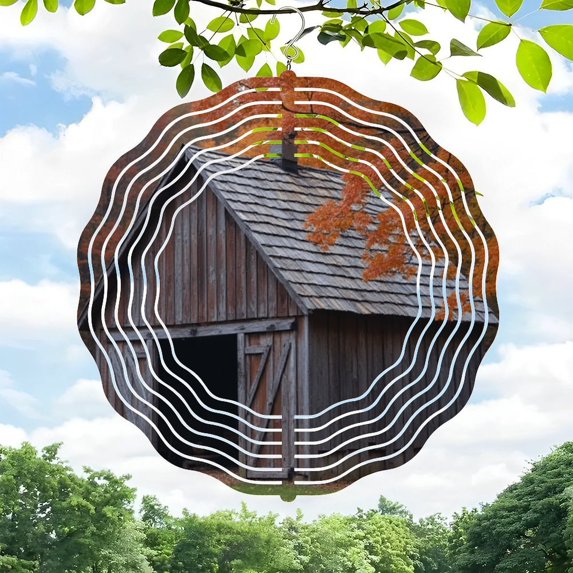 3D Metal Hanging Wind Spinners - Rustic Barn Design with Autumn Trees & Concentric White Lines - Perfect for Yard & Garden Decor