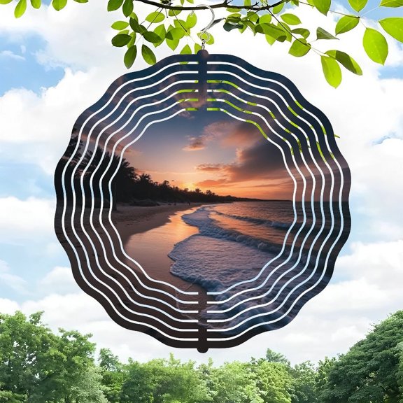 3D Metal Hanging Wind Spinners - Serene Beach Sunset Design with Sound Wave Pattern for Yard & Garden Decor