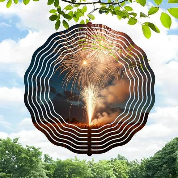 3D Metal Hanging Wind Spinners - Sound Wave Pattern Design for Yard & Garden Decor Stunning Fireworks Effect with Landscape Background