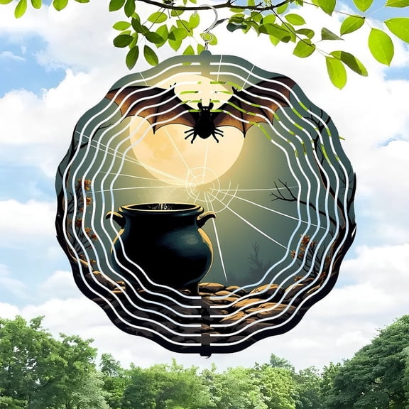 3D Metal Hanging Wind Spinners - Spider Web Design with Cauldron Night Sky & Moon - Unique Yard & Garden Wind Chimes for Outdoor Decor