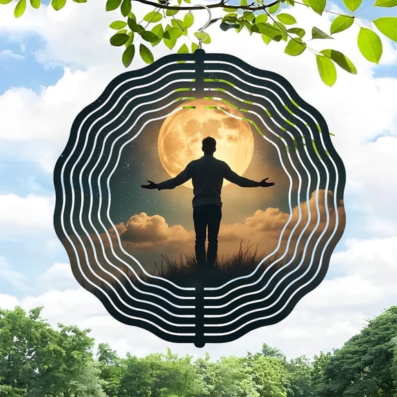3D Metal Hanging Wind Spinners - Spiral Wave Design for Yard & Garden Decor Serene Full Moon with Foliage Frame