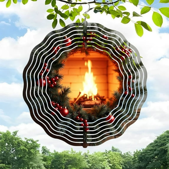 3D Metal Hanging Wind Spinners - Spiral Wave Pattern with Cozy Fireplace Scene - Perfect for Yard and Garden Decor - Unique Outdoor Wind Chimes
