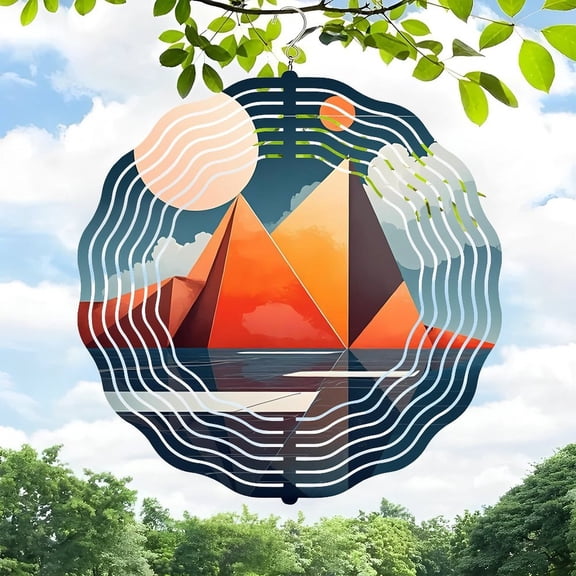 3D Metal Hanging Wind Spinners - Stunning Circular Design with Pyramids Reflective Water and Nature Elements for Yard and Garden Decor