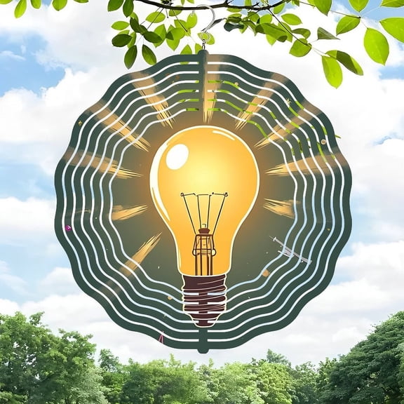 3D Metal Hanging Wind Spinners - Stylish Energy - Emitting Light Bulb Design with Concentric Waves for Yard & Garden Decor