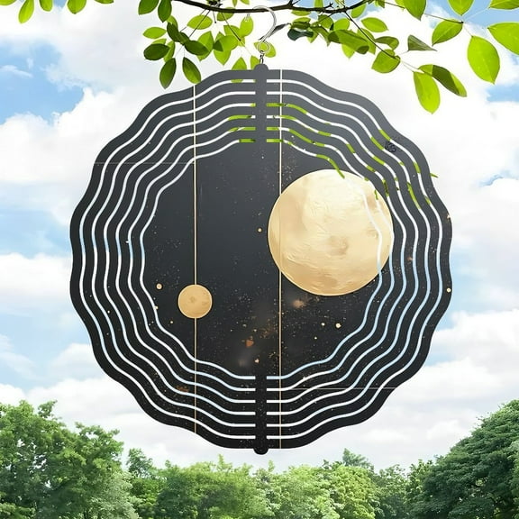 3D Metal Hanging Wind Spinners - Stylish Moon & Planet Design with Wave Patterns for Yard & Garden Decor Perfect for Outdoor Spaces