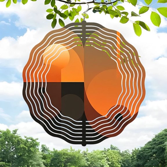 3D Metal Hanging Wind Spinners - Sun Design with Concentric Waves Orange & Brown Colors for Yard & Garden Decor