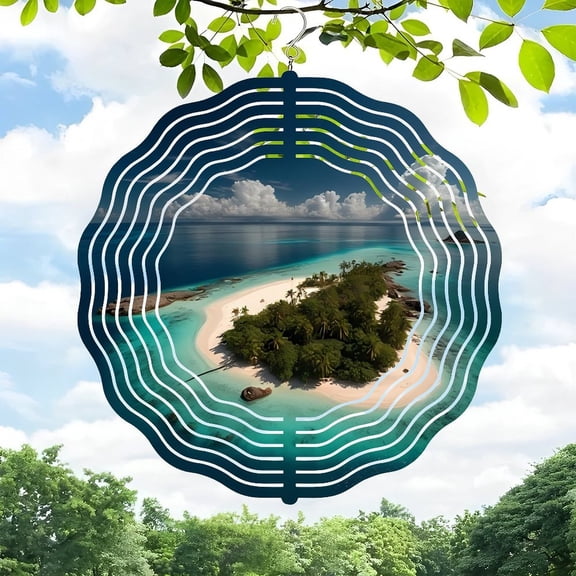 3D Metal Hanging Wind Spinners - Tropical Island Design with Concentric White Lines - Beautiful Wind Chimes for Yard and Garden Decor