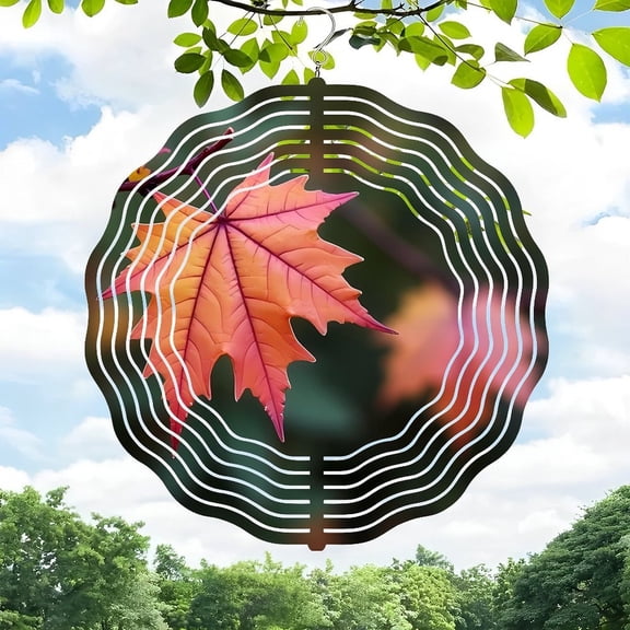 3D Metal Hanging Wind Spinners - Vibrant Autumn Leaf Design with Concentric Sound Wave Pattern for Yard & Garden Decor