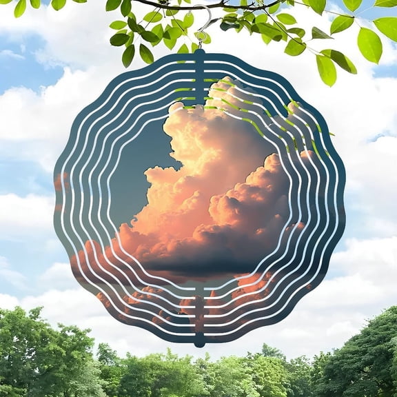 3D Metal Hanging Wind Spinners - Vibrant Concentric Sound Wave Design for Yard & Garden Decor - Stunning Sunset Cloud Scene Green Trees