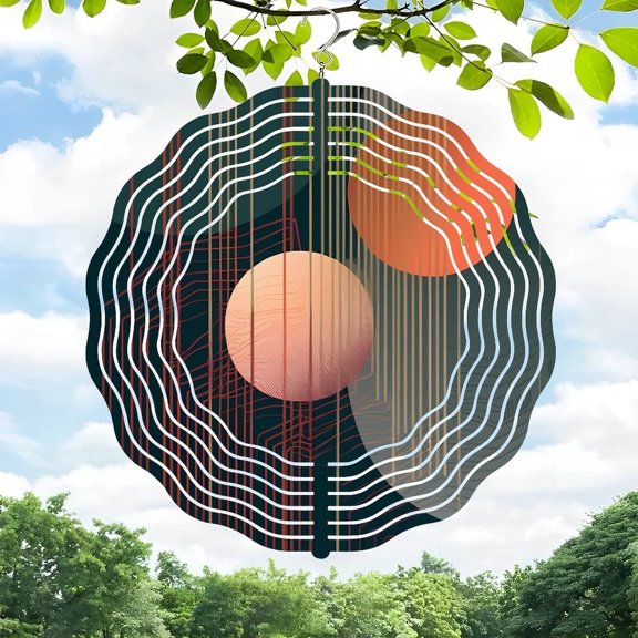3D Metal Hanging Wind Spinners - Vibrant Concentric Wave Design with Central Sphere - Stunning Yard & Garden Wind Chimes
