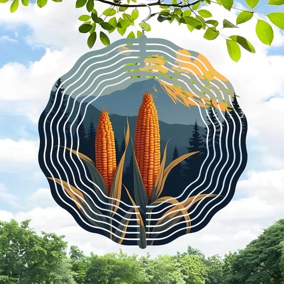 3D Metal Hanging Wind Spinners - Vibrant Corn Design with Green Leaves & Forest Background - Artistic Yard & Garden Wind Chimes