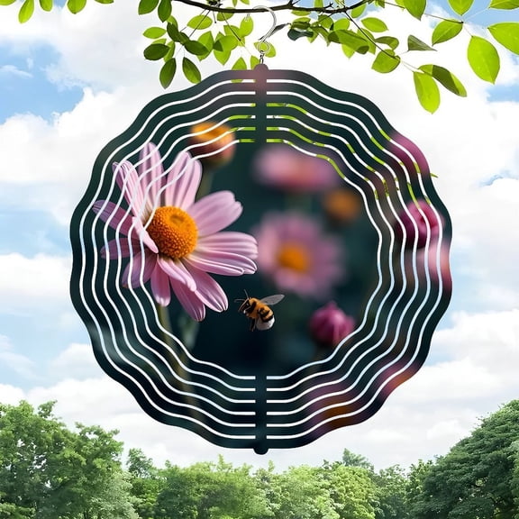3D Metal Hanging Wind Spinners - Vibrant Floral Pattern Design with Bee Motif for Yard & Garden Decor - Unique Wind Chimes for Outdoor Spaces