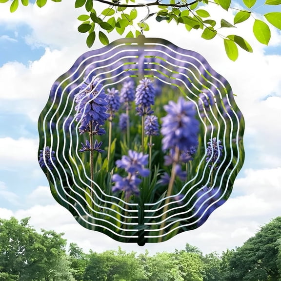 3D Metal Hanging Wind Spinners - Vibrant Purple Flower Design with Wave - Like Concentric Lines for Yard & Garden Decor