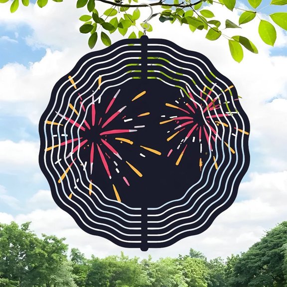 3D Metal Hanging Wind Spinners - Vibrant Spider Web Design with Concentric Circles & Colorful Fireworks - Perfect for Yard & Garden Decor