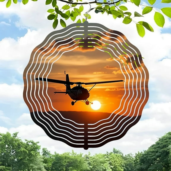 3D Metal Hanging Wind Spinners - Vibrant Sunset Design with Airplane Silhouette & Sound Wave Patterns for Yard and Garden Decor