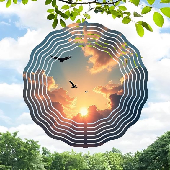 3D Metal Hanging Wind Spinners - Vibrant Sunset Sound Wave Design with Flying Birds Greenery - Perfect for Yard & Garden Decor