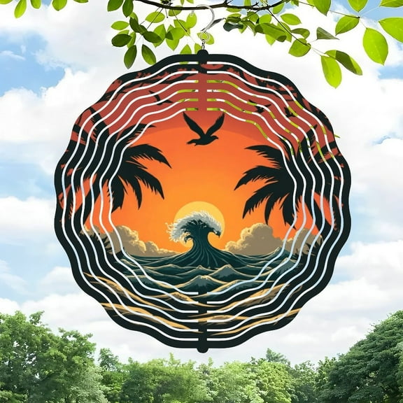 3D Metal Hanging Wind Spinners - Vibrant Sunset Waves & Palm Trees Design for Yard & Garden Decor Greenery & Flying Bird Motif Perfect Outdoor Art