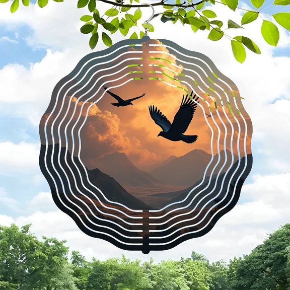 3D Metal Hanging Wind Spinners with Wave-Like Pattern Design - Stunning Yard & Garden Wind Chimes Featuring Scenic Mountain View and Birds - Perfect Outdoor Decor